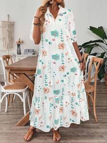 V-Neck Printed Ruffle Hem Casual Vacation Dress With Drawstring - Multicolor - View 6