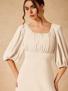 Gabriela Silveira 纯色方领泡泡袖短袖垂坠优雅长裙 - 白色 - 查看 3