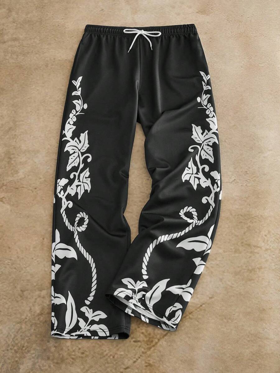 HIMLAND Herren Pflanzen-Muster Zugband Taille Weite Bein Lässig Hose, Schwarze grafische Jogginghose, Blumen-Muster Jogginghose, Herren Jogginghose, Schwarze Jogginghose mit weißem Design, Ranken-Muster Jogginghose, Herbst