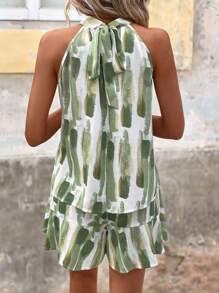 SHEIN VCAY Spring Brush Print Halter Top & Ruffle Hem Shorts
