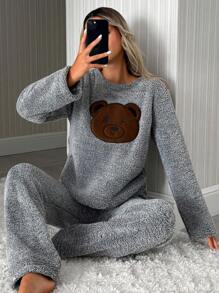 EURMUSE Femmes 2 pièces Ensemble de pyjama mode avec détail d'ours en peluche doux et visage brodé - Gris - Voir 1