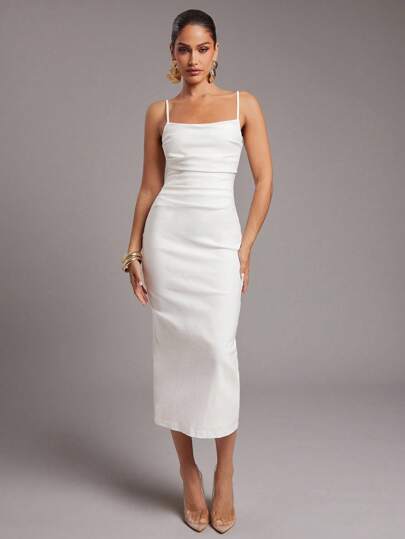 Silquee Summer And Early Autumn Women's Solid White Pleated Slim Fit Elegant Spaghetti Straps Stretch Woven Midi Dress For Office Women Attire Business Casual Women, White Midi Dress White Slip Dress White Cowl Neck Dress Satin