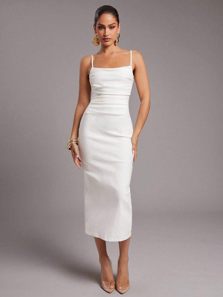 Silquee 女式纯色褶饰修身优雅细肩带中长连衣裙，夏季 - 白色 - 查看 1