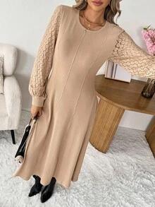 SHEIN LUNE فستان كاجوال للنساء بلون أحادي مع تصميم من الدانتيل، خصر ضيق وأكمام طويلة، ملابس أساسية للخريف والشتاء، ملابس شتوية كاجوال للنساء، ملابس خروج كاجوال للنساء، فساتين كاجوال وأنيقة للنساء، فستان بيج مصنوع من الصوف مع أكمام من الدانتيل - كاكي - مشاهدة 1