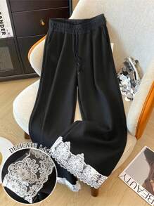 SHEIN 女式宽松直筒裤，蕾丝边下摆 - 黑色 - 查看 1