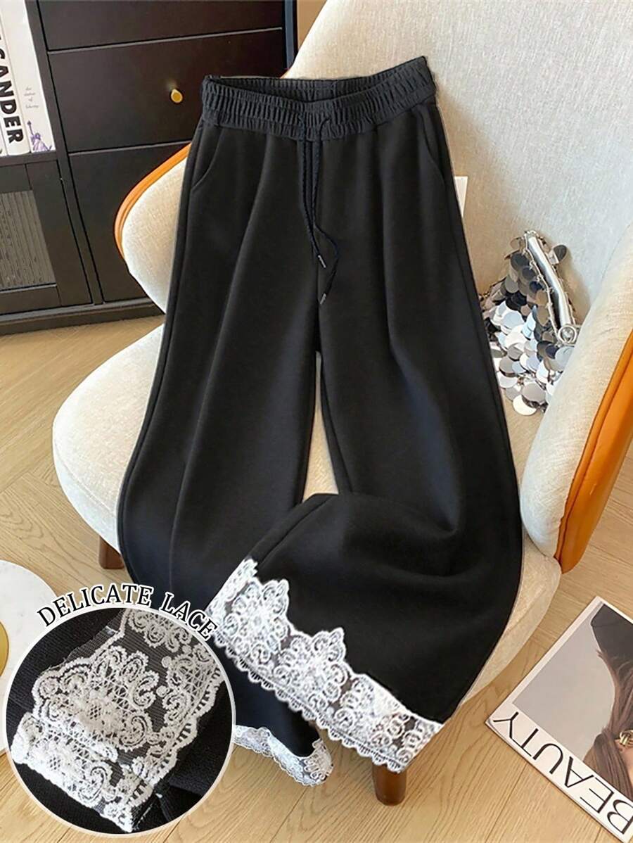 SHEIN 女式宽松直筒裤，蕾丝边下摆 - 黑色 - 查看 1