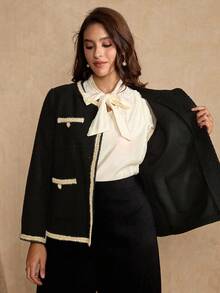 Flirla Plus Size Elegant Ribbon Decor Jacket, Autumn/Winter Fall