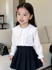 SHEIN Playful Pals 年轻女孩刺绣花卉荷叶边领长袖衬衫，优雅，春秋 - 白色 - 查看 7