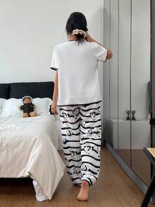 SHEIN Women's Black And White Striped Pajama Set With Panda Prints And Short Sleeves Comfy Pajamas Set Cute Pajamas Set Panda Pajamas - Black and White - View 2