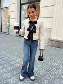 Firerie Kids Firerie Kids 青少年女孩纯色拼布撞色饰边系带长袖休闲羊毛夹克，女孩撞色蝴蝶结装饰长袖夹克 - 卡其色 - 查看 3