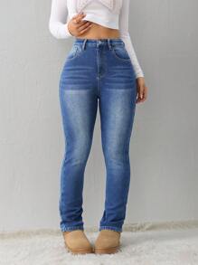 SHEIN Tall Quần Jeans Nữ Quần Jeans Nữ Màu Xanh Quần Jeans Nữ Mùa Đông Quần Jeans Nữ Ấm Áp Quần Jeans Nữ Cao Quần Jeans Mùa Đông Quần Denim Giữ Nhiệt Teddy Quần Denim Teddy Giữ Nhiệt Lông Cừu Mềm - Rửa nhẹ - Xem 7