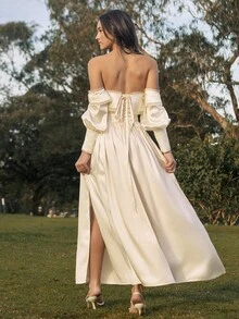 Savoree Lace Trim Off Shoulder Bandeau Sexy High Slit Bodycon Long Sleeve Dress