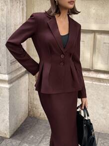 Aloruh Conjunto de blazer y falda elegante y de moda con cuello de solapa para mujer en otoño/invierno