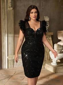 Aureia Elegancka, luksusowa, czarna, głęboko wycięta w serek sukienka mini z głębokim dekoltem w serek i piórkowym zdobieniem w talii, prześwitująca, dopasowana, wysoka talia, odpowiednia na randki, imprezy dla singli, ukończenie szkoły, wesele, koktajle - Czarne - Zobacz 7