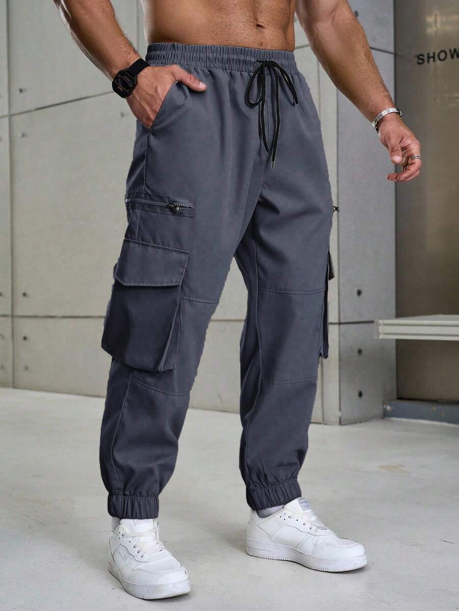 Manfinity Homme Men Plus Size Drawstring Waist Cargo Pocket Casual Pants, Fall - Dark Grey - View 1
