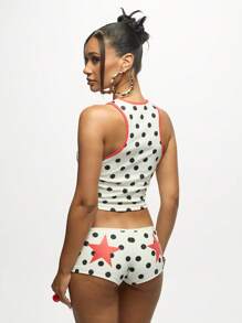 SUMWON WOMEN 女式波尔卡圆点两件套星星印花节日套装无袖背心和短裤夏季沙滩装高腰 - 白色 - 查看 2