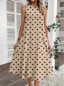Easowa 女士休闲波点圆领中长连衣裙，适合春夏穿着，时尚休闲连衣裙，波点连衣裙，女士休闲波点连衣裙，女士秋季服装，休闲 - 卡其色 - 查看 4