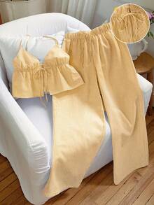 Comfortcana 2件套黄色条纹梭织女士度假休闲套装 - 黃色 - 查看 6