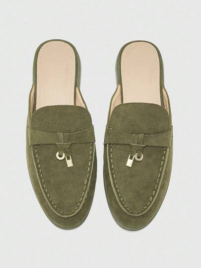 CUCCOO BIZCHIC 女士时尚绿色绒面舒适一脚蹬平底穆勒鞋，百搭平底乐福鞋，适合户外、工作、日常穿着