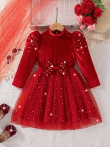 Glamorique Kids 1 szt. Sukienka dla młodej dziewczyny na jesień/zimę, nowy wysoki kołnierz, bufiaste rękawy, koralikowy wzór, wiązanie w talii, kokarda, koralikowe gwiazdki i księżyce, siateczkowy dół, elegancka tkanina, impreza, urodziny, dojazd do pracy, tiul, sukienka księżniczki