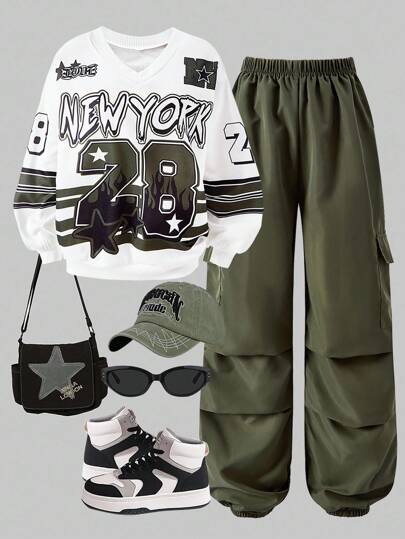 SHEIN ChillGRL 2pcs/Set Teenage Girls' Sporty Street Casual Letter & Number Print Long Sleeve Knit Sweatshirt And Side Pocket Drawstring Cargo Pants, Cool Girl Daily Active Outfit Fall Winter