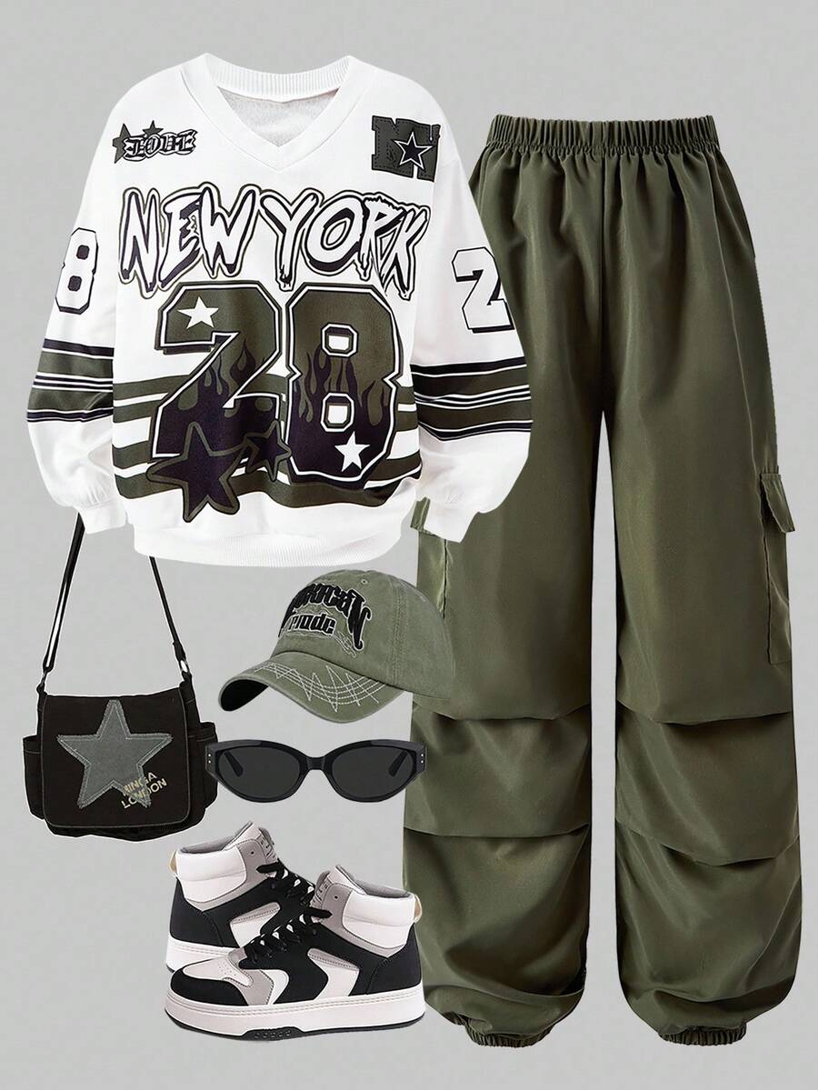 SHEIN ChillGRL 2 件套青少年女孩运动街头休闲字母和数字印花长袖针织运动衫和侧袋抽绳工装裤，酷女孩日常运动装 - 軍綠色 - 查看 1