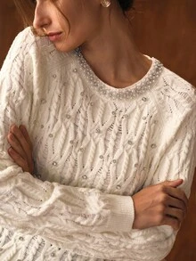 MOTF PREMIUM AUTUMN/WINTER HOLLOW OUT DISTRESSED RHINESTONE SWEATER, LOOSE CREW NECK TOP