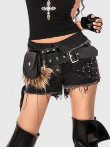 ROMWE Grunge Punk Y2K Punk Style Black Metal Rivet Grommet Multi-Pocket Adjustable Metal Buckle Women Waist Bag