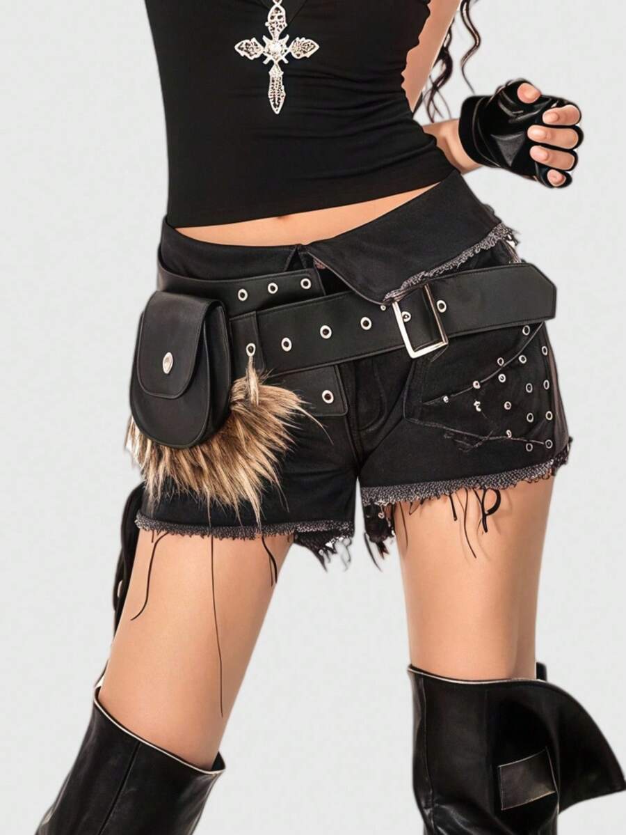 ROMWE Grunge Punk Y2K Punk Style Black Metal Rivet Grommet Multi-Pocket Adjustable Metal Buckle Women Waist Bag