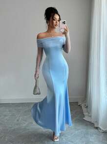 Elenzga 女式露肩串珠刺绣鱼尾连衣裙，2025年初秋 - 淺藍色 - 查看 6