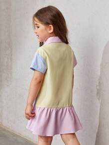 SHEIN Toddler Girls Vertical Striped Colourblock Dual Pocket Ruffle Hem Smock Dress - Multicolor - View 2