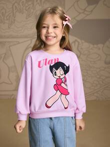 Astro Boy X SHEIN Sweat-shirt-shirt en tricot rose ample à manches longues avec épaules tombantes et motif graphique de personnage de dessin animé mignon pour jeune fille