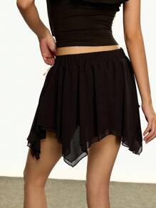 Rina Fox Váy mini thời trang xẻ tà, viền bất đối xứng, nơ trang trí cho nữ - màu đen - Xem 3