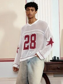 SWAVVY Men's Casual Knitted Numeric Print Long Sleeve Crew Neck Sweater - White - View 4