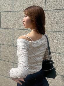 FRIFUL Women's Oblique Collar Asymmetrical Neckline Long Sleeve Polka Dot Drawstring Tie Shoulder Fitted Casual Versatile T-Shirt, Autumn