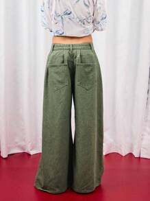 COUREZ 低腰宽松灯笼裤，卡其色水洗做旧款 / Y2K 低腰牛仔裤，秋季女装，秋季外出穿搭，低腰牛仔裤 - 軍綠色 - 查看 3