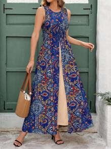 Ellevyn 女士优雅度假印花裹身式圆领连体裤