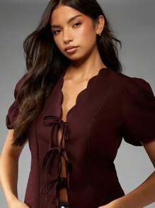 MISSGUIDED Blusa con borde festoneado y nudo delantero, manga corta abullonada, estilo victoriano, cuello cuadrado, uso casual o de noche, estilo bohemio para otoño e invierno - Café integral - Ver 4