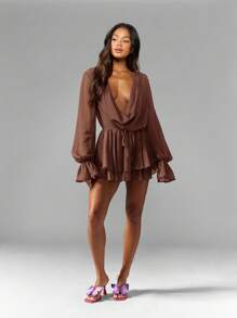 MISSGUIDED Chiffon Mini Party Dress Plunge Neck Long Puff Sleeve Tiered Ruffle Skirt Wrap Style Holiday Evening Fall Wedding Guest - Brown - View 3