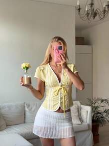 SHEIN EZwear Casual Women's Cotton Blouse With Contrasting Lace Trim, Butter Yellow,Summer Cute Top - Yellow - View 1