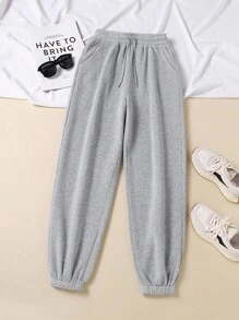 INAWLY 女用抽繩腰抓絨慢跑褲