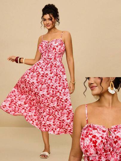 SHEIN VCAY 大码女式粉色碎花长裙，方领系带腰部 A 字浪漫西部岛屿假日连衣裙