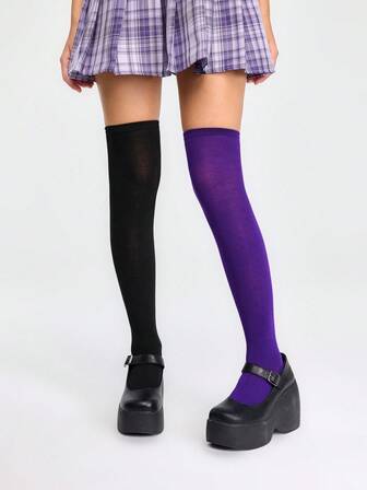 Grunge Punk 1 par de medias muslo de alta elasticidad con color asimétrico para mujeres