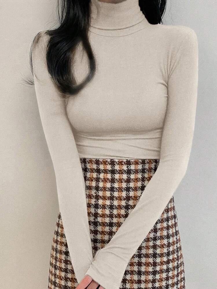 Women's Casual Solid Color Turtleneck Tight Fit Base Layer T-Shirt, Autumn/Winter Long Sleeve Top