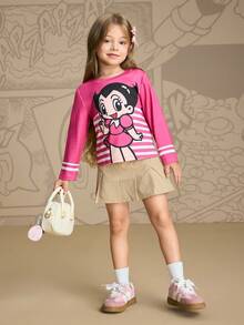 Astro Boy X SHEIN T-shirt tricoté à col ras-du-cou à manches longues avec figure de dessin animé de jeune fille