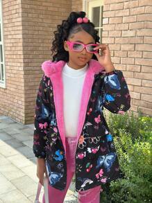 SHEIN Chaqueta acolchada de algodón con capucha, de forro polar, con estampado de grafiti, cintura con cordón y bolsillos cargo, versátil y casual para uso diario y escolar, para niñas preadolescentes, gruesa y cálida