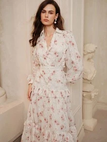 SHEIN Unity New Lightweight Luxury French Floral V-Neck Lantern Sleeve Cinched Waist Elegant Dress For Women - Multicolor - View 5