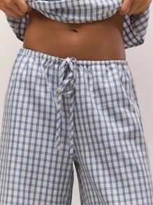 MUSERA 格纹低腰系带阔腿亚麻裤，秋季复古乡村风休闲办公度假夏季款 - 藍白色 - 查看 5