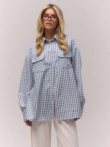 MUSERA 超大格纹前袋纽扣衬衫，复古乡村风，清新甜美，适合冬季休闲穿着，优雅春季款。 - 彩色 - 查看 1