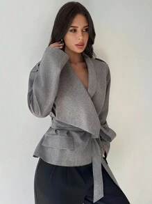 Firerie 女士休闲优雅收腰秋冬灰色仿亚麻外套/秋季/返校/商务休闲/外出上衣 - 深灰色 - 查看 5